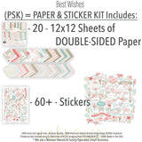 Best Wishes Paper & Sticker Kit, includes image, showing 12x12 scrapbook paper and coordinating stickers for scrapbook layouts, photo albums, memory keeping, cards, and paper crafts. Buyer theme: Friendship & Celebration Scrapbook Paper & Sticker Kit. 12x12 floral paper and sticker kit. Visible artwork includes wildflowers, leafy sprigs, floral banners, sentiment labels. Coordinating patterns include polka dots, floral toss, botanical print