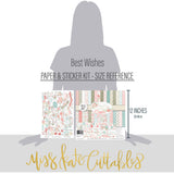 Best Wishes Paper & Sticker Kit, size guide image, showing 12x12 scrapbook paper and coordinating stickers for scrapbook layouts, photo albums, memory keeping, cards, and paper crafts. Buyer theme: Friendship & Celebration Scrapbook Paper & Sticker Kit. 12x12 floral paper and sticker kit. Visible artwork includes leafy sprigs, floral banners, sentiment labels, watercolor roses. Coordinating patterns include floral toss, botanical print, diamond lattice