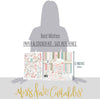 Best Wishes Paper & Sticker Kit, size guide image, showing 12x12 scrapbook paper and coordinating stickers for scrapbook layouts, photo albums, memory keeping, cards, and paper crafts. Buyer theme: Friendship & Celebration Scrapbook Paper & Sticker Kit. 12x12 floral paper and sticker kit. Visible artwork includes leafy sprigs, floral banners, sentiment labels, watercolor roses. Coordinating patterns include floral toss, botanical print, diamond lattice