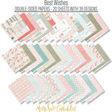 Best Wishes Paper & Sticker Kit, paper and sticker kit spread out image, showing 12x12 scrapbook paper and coordinating stickers for scrapbook layouts, photo albums, memory keeping, cards, and paper crafts. Buyer theme: Friendship & Celebration Scrapbook Paper & Sticker Kit. 12x12 floral paper and sticker kit. Visible artwork includes floral banners, sentiment labels, watercolor roses, ribbon bows. Coordinating patterns include botanical print, diamond lattice, gingham