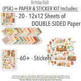 Birthday Bash Paper & Sticker Kit, includes image, showing 12x12 scrapbook paper and coordinating stickers for scrapbook layouts, photo albums, memory keeping, cards, and paper crafts. Buyer theme: Birthday Party 12x12 Scrapbook Paper & Sticker Kit. Birthday Bash Paper & Sticker Kit with colorful birthday papers, party icon artwork, journaling elements and coordinating stickers. Visible artwork includes Wrapped gifts and bows, Birthday candles, Party hats and pinata, Pennant banners
