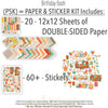Birthday Bash Paper & Sticker Kit, includes image, showing 12x12 scrapbook paper and coordinating stickers for scrapbook layouts, photo albums, memory keeping, cards, and paper crafts. Buyer theme: Birthday Party 12x12 Scrapbook Paper & Sticker Kit. Birthday Bash Paper & Sticker Kit with colorful birthday papers, party icon artwork, journaling elements and coordinating stickers. Visible artwork includes Wrapped gifts and bows, Birthday candles, Party hats and pinata, Pennant banners