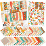 Birthday Bash Paper & Sticker Kit, main product image, showing 12x12 scrapbook paper and coordinating stickers for scrapbook layouts, photo albums, memory keeping, cards, and paper crafts. Buyer theme: Birthday Party 12x12 Scrapbook Paper & Sticker Kit. Birthday Bash Paper & Sticker Kit with colorful birthday papers, party icon artwork, journaling elements and coordinating stickers. Coordinating patterns include Rainbow diagonal stripes, Birthday plaid and gingham, Colorful party dots