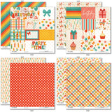 Birthday Bash Paper & Sticker Kit, paper & sticker kit paper patterns 7 through 14 preview, showing 12x12 scrapbook paper and coordinating stickers for scrapbook layouts, photo albums, memory keeping, cards, and paper crafts. Buyer theme: Birthday Party 12x12 Scrapbook Paper & Sticker Kit. Birthday Bash Paper & Sticker Kit with colorful birthday papers, party icon artwork, journaling elements and coordinating stickers. Designed for Party photo albums, Birthday card making, Mini albums