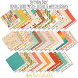 Birthday Bash Paper & Sticker Kit, paper and sticker kit spread out image, showing 12x12 scrapbook paper and coordinating stickers for scrapbook layouts, photo albums, memory keeping, cards, and paper crafts. Buyer theme: Birthday Party 12x12 Scrapbook Paper & Sticker Kit. Birthday Bash Paper & Sticker Kit with colorful birthday papers, party icon artwork, journaling elements and coordinating stickers. Coordinating patterns include Balloon toss patterns, Cake and cupcake toss, Candle rows