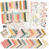 Bloom and Grow Paper & Sticker Kit, main product image, showing 12x12 scrapbook paper and coordinating stickers for scrapbook layouts, photo albums, memory keeping, cards, and paper crafts. Buyer theme: Spring Flower Scrapbook Paper & Sticker Kit. Bloom and Grow 12x12 Paper & Sticker Kit with 39 spring floral paper designs, 3x4 and 4x4 element sheets and a coordinating flower sticker sheet. Useful for documenting photographs, celebrations, milestones, everyday moments, and favorite memories