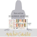 Bloom and Grow Paper & Sticker Kit, size guide image, showing 12x12 scrapbook paper and coordinating stickers for scrapbook layouts, photo albums, memory keeping, cards, and paper crafts. Buyer theme: Spring Flower Scrapbook Paper & Sticker Kit. Bloom and Grow 12x12 Paper & Sticker Kit with 39 spring floral paper designs, 3x4 and 4x4 element sheets and a coordinating flower sticker sheet. Useful for documenting photographs, celebrations, milestones, everyday moments, and favorite memories