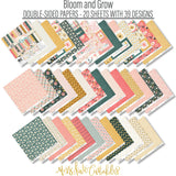Bloom and Grow Paper & Sticker Kit, paper and sticker kit spread out image, showing 12x12 scrapbook paper and coordinating stickers for scrapbook layouts, photo albums, memory keeping, cards, and paper crafts. Buyer theme: Spring Flower Scrapbook Paper & Sticker Kit. Bloom and Grow 12x12 Paper & Sticker Kit with 39 spring floral paper designs, 3x4 and 4x4 element sheets and a coordinating flower sticker sheet