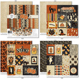 Boo Paper & Sticker Kit, 12x12 paper designs cover to 6 preview, showing 12x12 scrapbook paper and coordinating stickers for scrapbook layouts, photo albums, memory keeping, cards, and paper crafts. Buyer theme: Vintage Halloween Scrapbook Paper Kit 12x12. 12x12 Boo Paper & Sticker Kit with vintage Halloween patterned papers, October element cards and coordinating retro spooky stickers. Scrapbook paper and sticker kit, 12x12 scrapbook supplies, photo album paper, and coordinated memory keeping