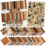 Boo Paper & Sticker Kit, main product image, showing 12x12 scrapbook paper and coordinating stickers for scrapbook layouts, photo albums, memory keeping, cards, and paper crafts. Buyer theme: Vintage Halloween Scrapbook Paper Kit 12x12. 12x12 Boo Paper & Sticker Kit with vintage Halloween patterned papers, October element cards and coordinating retro spooky stickers. Scrapbook paper and sticker kit, 12x12 scrapbook supplies, photo album paper, and coordinated memory keeping