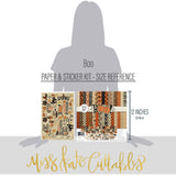 Boo Paper & Sticker Kit, size guide image, showing 12x12 scrapbook paper and coordinating stickers for scrapbook layouts, photo albums, memory keeping, cards, and paper crafts. Buyer theme: Vintage Halloween Scrapbook Paper Kit 12x12. 12x12 Boo Paper & Sticker Kit with vintage Halloween patterned papers, October element cards and coordinating retro spooky stickers. Scrapbook paper and sticker kit, 12x12 scrapbook supplies, photo album paper, and coordinated memory keeping