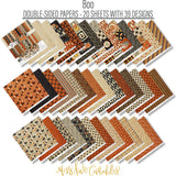 Boo Paper & Sticker Kit, paper and sticker kit spread out image, showing 12x12 scrapbook paper and coordinating stickers for scrapbook layouts, photo albums, memory keeping, cards, and paper crafts. Buyer theme: Vintage Halloween Scrapbook Paper Kit 12x12. 12x12 Boo Paper & Sticker Kit with vintage Halloween patterned papers, October element cards and coordinating retro spooky stickers. Scrapbook paper and sticker kit, 12x12 scrapbook supplies, photo album paper, and coordinated memory keeping