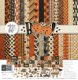 Boo Paper & Sticker Kit, high resolution cover image, showing 12x12 scrapbook paper and coordinating stickers for scrapbook layouts, photo albums, memory keeping, cards, and paper crafts. Buyer theme: Vintage Halloween Scrapbook Paper Kit 12x12. 12x12 Boo Paper & Sticker Kit with vintage Halloween patterned papers, October element cards and coordinating retro spooky stickers. Scrapbook paper and sticker kit, 12x12 scrapbook supplies, photo album paper, and coordinated memory keeping