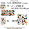 Chills and Thrills Monthly Box Add-On - 12x12 Paper & Sticker Kit. contents image showing coordinating papers, sticker sheet and cut-apart elements.