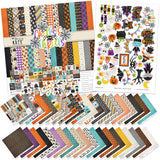 Chills and Thrills Paper & Sticker Kit, main product image, showing 12x12 scrapbook paper and coordinating stickers for scrapbook layouts, photo albums, memory keeping, cards, and paper crafts. Buyer theme: Halloween Scrapbook Paper & Sticker Kit. 12x12 Halloween Paper & Sticker Kit with 20 double-sided sheets, 39 designs, an 8x12 sticker sheet and coordinating 3x4 and 4x4 element sheets. Coordinating patterns include Halloween character toss, multicolor plaid, orange gingham