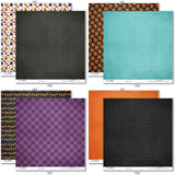 Chills and Thrills Basic monthly box. 12x12 paper patterns 15 through 22 with purple plaid, stars, haunted house, monster plaid and candy.