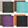 Chills and Thrills Basic monthly box. 12x12 paper patterns 15 through 22 with purple plaid, stars, haunted house, monster plaid and candy.