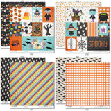 Chills and Thrills Collection, collection paper patterns 7 through 14 preview, showing coordinated Paper & Sticker Kit, full-size Die Cuts, and Sticker Sheet for scrapbook layouts, memory albums, cards, journals, and keepsakes. Buyer theme: Coordinated Halloween Scrapbook & Paper Craft Collection. Coordinated Halloween paper crafting collection combining the Paper & Sticker Kit, Die Cuts and Sticker Sheet in the Chills and Thrills artwork