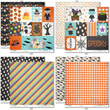 Chills and Thrills Basic monthly box. 12x12 paper patterns 7 through 14 with stripes, bats, gingham, candy bags, dots and pumpkins.