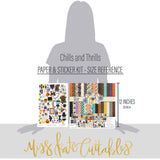 Chills and Thrills Paper & Sticker Kit, size guide image, showing 12x12 scrapbook paper and coordinating stickers for scrapbook layouts, photo albums, memory keeping, cards, and paper crafts. Buyer theme: Halloween Scrapbook Paper & Sticker Kit. 12x12 Halloween Paper & Sticker Kit with 20 double-sided sheets, 39 designs, an 8x12 sticker sheet and coordinating 3x4 and 4x4 element sheets. Coordinating patterns include purple gingham, diagonal rainbow Halloween stripes, candy corn scatter