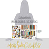 Chills and Thrills Paper & Sticker Kit, size guide image, showing 12x12 scrapbook paper and coordinating stickers for scrapbook layouts, photo albums, memory keeping, cards, and paper crafts. Buyer theme: Halloween Scrapbook Paper & Sticker Kit. 12x12 Halloween Paper & Sticker Kit with 20 double-sided sheets, 39 designs, an 8x12 sticker sheet and coordinating 3x4 and 4x4 element sheets. Coordinating patterns include purple gingham, diagonal rainbow Halloween stripes, candy corn scatter