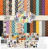 Chills and Thrills Basic monthly box. Paper & Sticker Kit square cover with ghosts, witches, pumpkins, monsters and candy-bright Halloween colors.