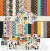 Chills and Thrills Paper & Sticker Kit, high resolution cover image, showing 12x12 scrapbook paper and coordinating stickers for scrapbook layouts, photo albums, memory keeping, cards, and paper crafts. Buyer theme: Halloween Scrapbook Paper & Sticker Kit. 12x12 Halloween Paper & Sticker Kit with 20 double-sided sheets, 39 designs, an 8x12 sticker sheet and coordinating 3x4 and 4x4 element sheets. Coordinating patterns include multicolor plaid, orange gingham, purple gingham