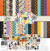 Chills and Thrills Basic monthly box. Paper & Sticker Kit square cover with ghosts, witches, pumpkins, monsters and candy-bright Halloween colors.