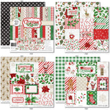 Christmas Joy Paper & Sticker Kit, 12x12 paper designs cover to 6 preview, showing 12x12 scrapbook paper and coordinating stickers for scrapbook layouts, photo albums, memory keeping, cards, and paper crafts. Buyer theme: Christmas Scrapbook Paper & Sticker Kit for Memories. Christmas Joy Paper & Sticker Kit with Santa, snowmen, gingerbread, reindeer, candy canes, stockings, poinsettias, holly, snowflakes, Christmas trees and classic red-and-green holiday patterns