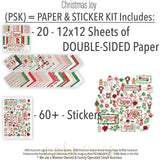 Christmas Joy Paper & Sticker Kit, includes image, showing 12x12 scrapbook paper and coordinating stickers for scrapbook layouts, photo albums, memory keeping, cards, and paper crafts. Buyer theme: Christmas Scrapbook Paper & Sticker Kit for Memories. Christmas Joy Paper & Sticker Kit with Santa, snowmen, gingerbread, reindeer, candy canes, stockings, poinsettias, holly, snowflakes, Christmas trees and classic red-and-green holiday patterns