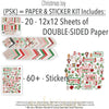 Christmas Joy Paper & Sticker Kit, includes image, showing 12x12 scrapbook paper and coordinating stickers for scrapbook layouts, photo albums, memory keeping, cards, and paper crafts. Buyer theme: Christmas Scrapbook Paper & Sticker Kit for Memories. Christmas Joy Paper & Sticker Kit with Santa, snowmen, gingerbread, reindeer, candy canes, stockings, poinsettias, holly, snowflakes, Christmas trees and classic red-and-green holiday patterns