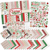 Christmas Joy Paper & Sticker Kit, main product image, showing 12x12 scrapbook paper and coordinating stickers for scrapbook layouts, photo albums, memory keeping, cards, and paper crafts. Buyer theme: Christmas Scrapbook Paper & Sticker Kit for Memories. Christmas Joy Paper & Sticker Kit with Santa, snowmen, gingerbread, reindeer, candy canes, stockings, poinsettias, holly, snowflakes, Christmas trees and classic red-and-green holiday patterns