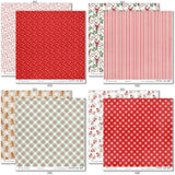 Christmas Joy Paper & Sticker Kit, paper & sticker kit paper patterns 23 through 30 preview, showing 12x12 scrapbook paper and coordinating stickers for scrapbook layouts, photo albums, memory keeping, cards, and paper crafts. Buyer theme: Christmas Scrapbook Paper & Sticker Kit for Memories. Christmas Joy Paper & Sticker Kit with Santa, snowmen, gingerbread, reindeer, candy canes, stockings, poinsettias, holly, snowflakes, Christmas trees and classic red-and-green holiday patterns