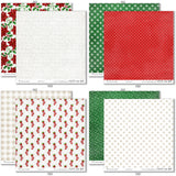 Christmas Joy Paper & Sticker Kit, paper & sticker kit paper patterns 31 through 38 preview, showing 12x12 scrapbook paper and coordinating stickers for scrapbook layouts, photo albums, memory keeping, cards, and paper crafts. Buyer theme: Christmas Scrapbook Paper & Sticker Kit for Memories. Christmas Joy Paper & Sticker Kit with Santa, snowmen, gingerbread, reindeer, candy canes, stockings, poinsettias, holly, snowflakes, Christmas trees and classic red-and-green holiday patterns