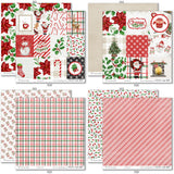 Christmas Joy Paper & Sticker Kit, paper & sticker kit paper patterns 7 through 14 preview, showing 12x12 scrapbook paper and coordinating stickers for scrapbook layouts, photo albums, memory keeping, cards, and paper crafts. Buyer theme: Christmas Scrapbook Paper & Sticker Kit for Memories. Christmas Joy Paper & Sticker Kit with Santa, snowmen, gingerbread, reindeer, candy canes, stockings, poinsettias, holly, snowflakes, Christmas trees and classic red-and-green holiday patterns