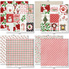 Christmas Joy Paper & Sticker Kit, paper & sticker kit paper patterns 7 through 14 preview, showing 12x12 scrapbook paper and coordinating stickers for scrapbook layouts, photo albums, memory keeping, cards, and paper crafts. Buyer theme: Christmas Scrapbook Paper & Sticker Kit for Memories. Christmas Joy Paper & Sticker Kit with Santa, snowmen, gingerbread, reindeer, candy canes, stockings, poinsettias, holly, snowflakes, Christmas trees and classic red-and-green holiday patterns