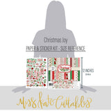 Christmas Joy Paper & Sticker Kit, size guide image, showing 12x12 scrapbook paper and coordinating stickers for scrapbook layouts, photo albums, memory keeping, cards, and paper crafts. Buyer theme: Christmas Scrapbook Paper & Sticker Kit for Memories. Christmas Joy Paper & Sticker Kit with Santa, snowmen, gingerbread, reindeer, candy canes, stockings, poinsettias, holly, snowflakes, Christmas trees and classic red-and-green holiday patterns