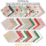 Christmas Joy Paper & Sticker Kit, paper and sticker kit spread out image, showing 12x12 scrapbook paper and coordinating stickers for scrapbook layouts, photo albums, memory keeping, cards, and paper crafts. Buyer theme: Christmas Scrapbook Paper & Sticker Kit for Memories. Christmas Joy Paper & Sticker Kit with Santa, snowmen, gingerbread, reindeer, candy canes, stockings, poinsettias, holly, snowflakes, Christmas trees and classic red-and-green holiday patterns