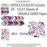 Everyday Moments Paper & Sticker Kit, includes image, showing 12x12 scrapbook paper and coordinating stickers for scrapbook layouts, photo albums, memory keeping, cards, and paper crafts. Buyer theme: Family & Everyday Scrapbook Paper & Sticker Kit. Everyday Moments Paper & Sticker Kit with floral family and friendship papers, journaling cards, meaningful memory phrases and coordinating stickers. Coordinating patterns include Diagonal pinstripes, Plaids and tartans, Geometric quilt patterns