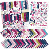 Everyday Moments Paper & Sticker Kit, main product image, showing 12x12 scrapbook paper and coordinating stickers for scrapbook layouts, photo albums, memory keeping, cards, and paper crafts. Buyer theme: Family & Everyday Scrapbook Paper & Sticker Kit. Everyday Moments Paper & Sticker Kit with floral family and friendship papers, journaling cards, meaningful memory phrases and coordinating stickers. Coordinating patterns include Navy and berry floral prints, Polka dots, Diagonal pinstripes
