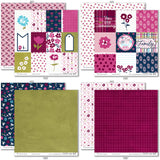 Everyday Moments Paper & Sticker Kit, paper & sticker kit paper patterns 7 through 14 preview, showing 12x12 scrapbook paper and coordinating stickers for scrapbook layouts, photo albums, memory keeping, cards, and paper crafts. Buyer theme: Family & Everyday Scrapbook Paper & Sticker Kit. Everyday Moments Paper & Sticker Kit with floral family and friendship papers, journaling cards, meaningful memory phrases and coordinating stickers