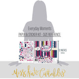 Everyday Moments Paper & Sticker Kit, size guide image, showing 12x12 scrapbook paper and coordinating stickers for scrapbook layouts, photo albums, memory keeping, cards, and paper crafts. Buyer theme: Family & Everyday Scrapbook Paper & Sticker Kit. Everyday Moments Paper & Sticker Kit with floral family and friendship papers, journaling cards, meaningful memory phrases and coordinating stickers. Designed for Gratitude journals, Card making, Mini albums