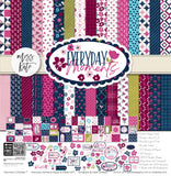 Everyday Moments Paper & Sticker Kit, high resolution cover image, showing 12x12 scrapbook paper and coordinating stickers for scrapbook layouts, photo albums, memory keeping, cards, and paper crafts. Buyer theme: Family & Everyday Scrapbook Paper & Sticker Kit. Everyday Moments Paper & Sticker Kit with floral family and friendship papers, journaling cards, meaningful memory phrases and coordinating stickers. Coordinating patterns include Polka dots, Diagonal pinstripes, Plaids and tartans