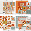 Fall Fun Paper & Sticker Kit, 12x12 paper designs cover to 6 preview, showing 12x12 scrapbook paper and coordinating stickers for scrapbook layouts, photo albums, memory keeping, cards, and paper crafts. Buyer theme: Fall & Autumn 12x12 Scrapbook Paper & Sticker Kit. Fall Fun Paper & Sticker Kit with pumpkins, sunflowers, leaves, pinecones, grateful titles, journaling cards and coordinating autumn patterns. Designed for Seasonal paper crafting, Fall scrapbook layouts, Pumpkin patch photo albums