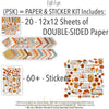 Fall Fun Paper & Sticker Kit, includes image, showing 12x12 scrapbook paper and coordinating stickers for scrapbook layouts, photo albums, memory keeping, cards, and paper crafts. Buyer theme: Fall & Autumn 12x12 Scrapbook Paper & Sticker Kit. Fall Fun Paper & Sticker Kit with pumpkins, sunflowers, leaves, pinecones, grateful titles, journaling cards and coordinating autumn patterns. Color palette includes Dusty aqua and blue gray, Warm cream and soft gray, Cocoa and espresso brown
