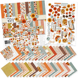 Fall Fun Paper & Sticker Kit, main product image, showing 12x12 scrapbook paper and coordinating stickers for scrapbook layouts, photo albums, memory keeping, cards, and paper crafts. Buyer theme: Fall & Autumn 12x12 Scrapbook Paper & Sticker Kit. Fall Fun Paper & Sticker Kit with pumpkins, sunflowers, leaves, pinecones, grateful titles, journaling cards and coordinating autumn patterns. Coordinating patterns include Orange and aqua autumn plaid, Fall gingham checks, Pumpkin and leaf tosses