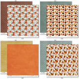 Fall Fun Paper & Sticker Kit, paper & sticker kit paper patterns 15 through 22 preview, showing 12x12 scrapbook paper and coordinating stickers for scrapbook layouts, photo albums, memory keeping, cards, and paper crafts. Buyer theme: Fall & Autumn 12x12 Scrapbook Paper & Sticker Kit. Fall Fun Paper & Sticker Kit with pumpkins, sunflowers, leaves, pinecones, grateful titles, journaling cards and coordinating autumn patterns