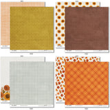 Fall Fun Paper & Sticker Kit, paper & sticker kit paper patterns 23 through 30 preview, showing 12x12 scrapbook paper and coordinating stickers for scrapbook layouts, photo albums, memory keeping, cards, and paper crafts. Buyer theme: Fall & Autumn 12x12 Scrapbook Paper & Sticker Kit. Fall Fun Paper & Sticker Kit with pumpkins, sunflowers, leaves, pinecones, grateful titles, journaling cards and coordinating autumn patterns