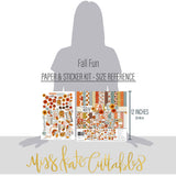 Fall Fun Paper & Sticker Kit, size guide image, showing 12x12 scrapbook paper and coordinating stickers for scrapbook layouts, photo albums, memory keeping, cards, and paper crafts. Buyer theme: Fall & Autumn 12x12 Scrapbook Paper & Sticker Kit. Fall Fun Paper & Sticker Kit with pumpkins, sunflowers, leaves, pinecones, grateful titles, journaling cards and coordinating autumn patterns. Coordinating patterns include Sunflower floral prints, Polka dots and horizontal stripes, Autumn heart pattern