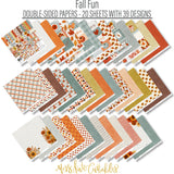 Fall Fun Paper & Sticker Kit, paper and sticker kit spread out image, showing 12x12 scrapbook paper and coordinating stickers for scrapbook layouts, photo albums, memory keeping, cards, and paper crafts. Buyer theme: Fall & Autumn 12x12 Scrapbook Paper & Sticker Kit. Fall Fun Paper & Sticker Kit with pumpkins, sunflowers, leaves, pinecones, grateful titles, journaling cards and coordinating autumn patterns. Designed for Mini albums, Junk journals, Gratitude journals